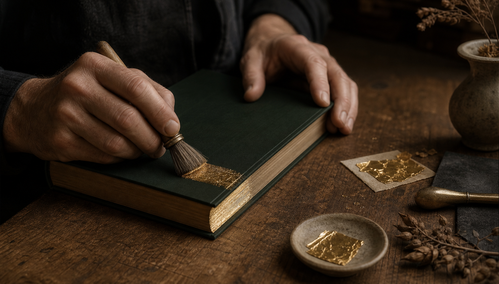 A craftsperson carefully applying gold leaf to a presentation book