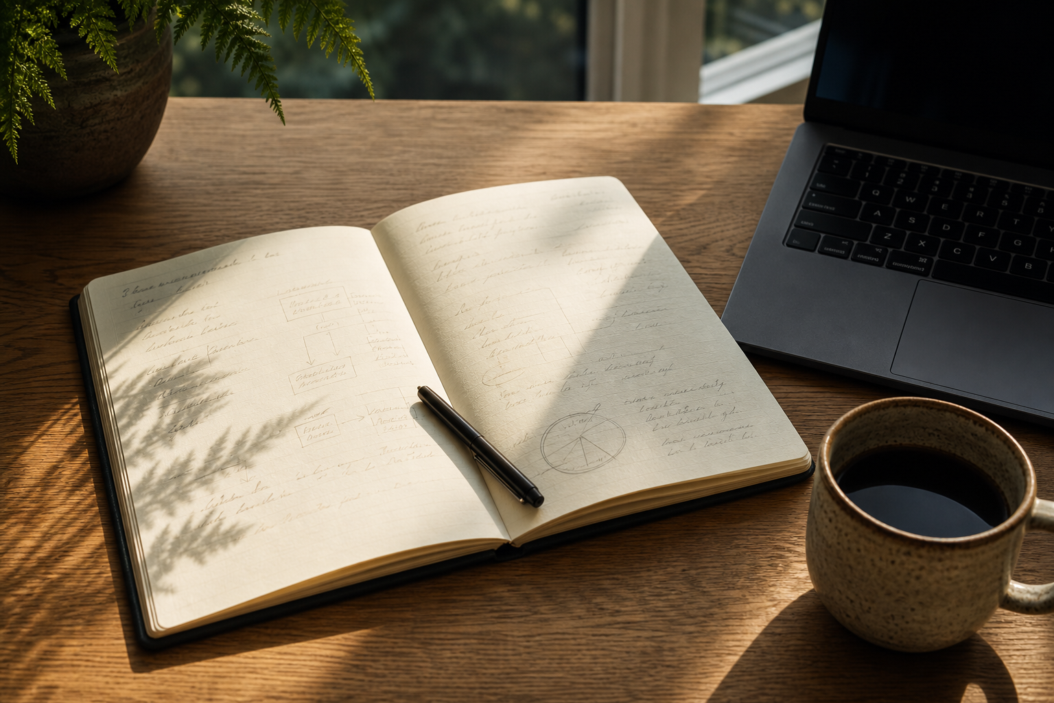 A strategy notebook beside a laptop in a calm studio