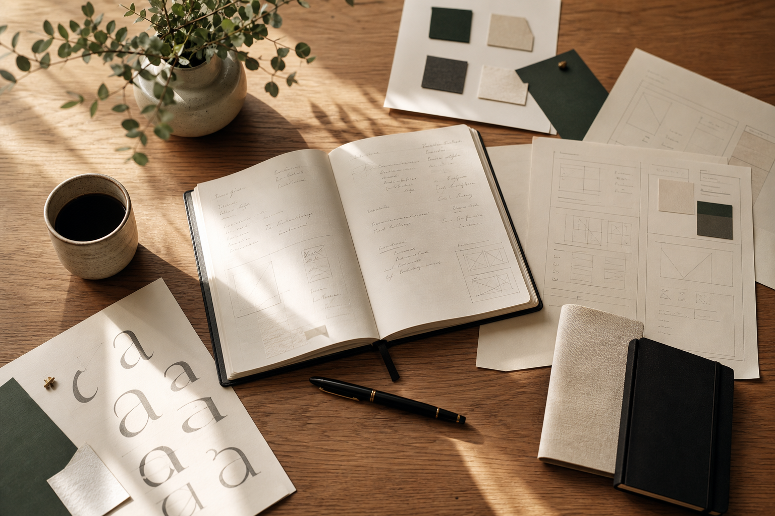 A complete website and brand planning system arranged on an oak table