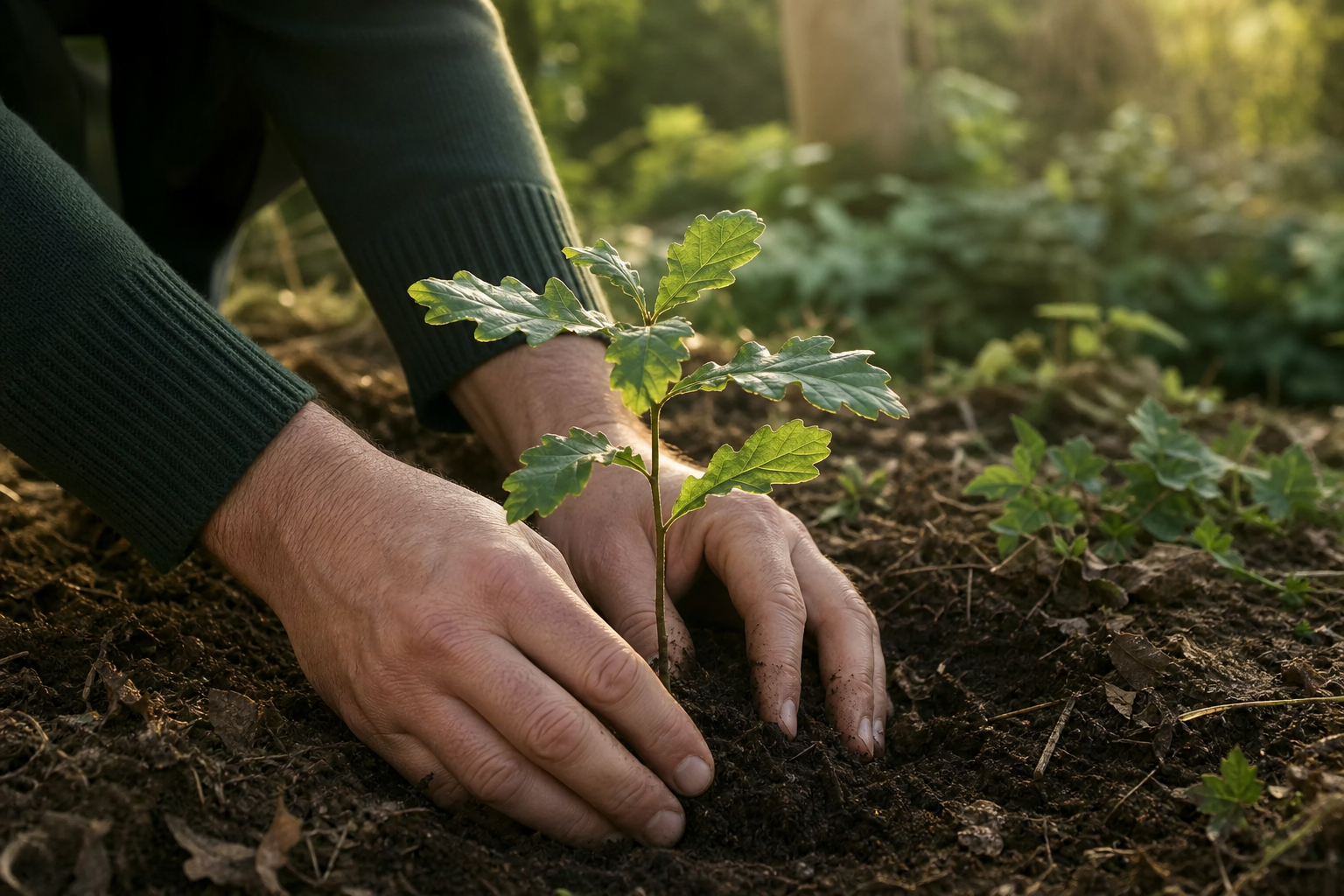 Hands carefully planting a young oak sapling