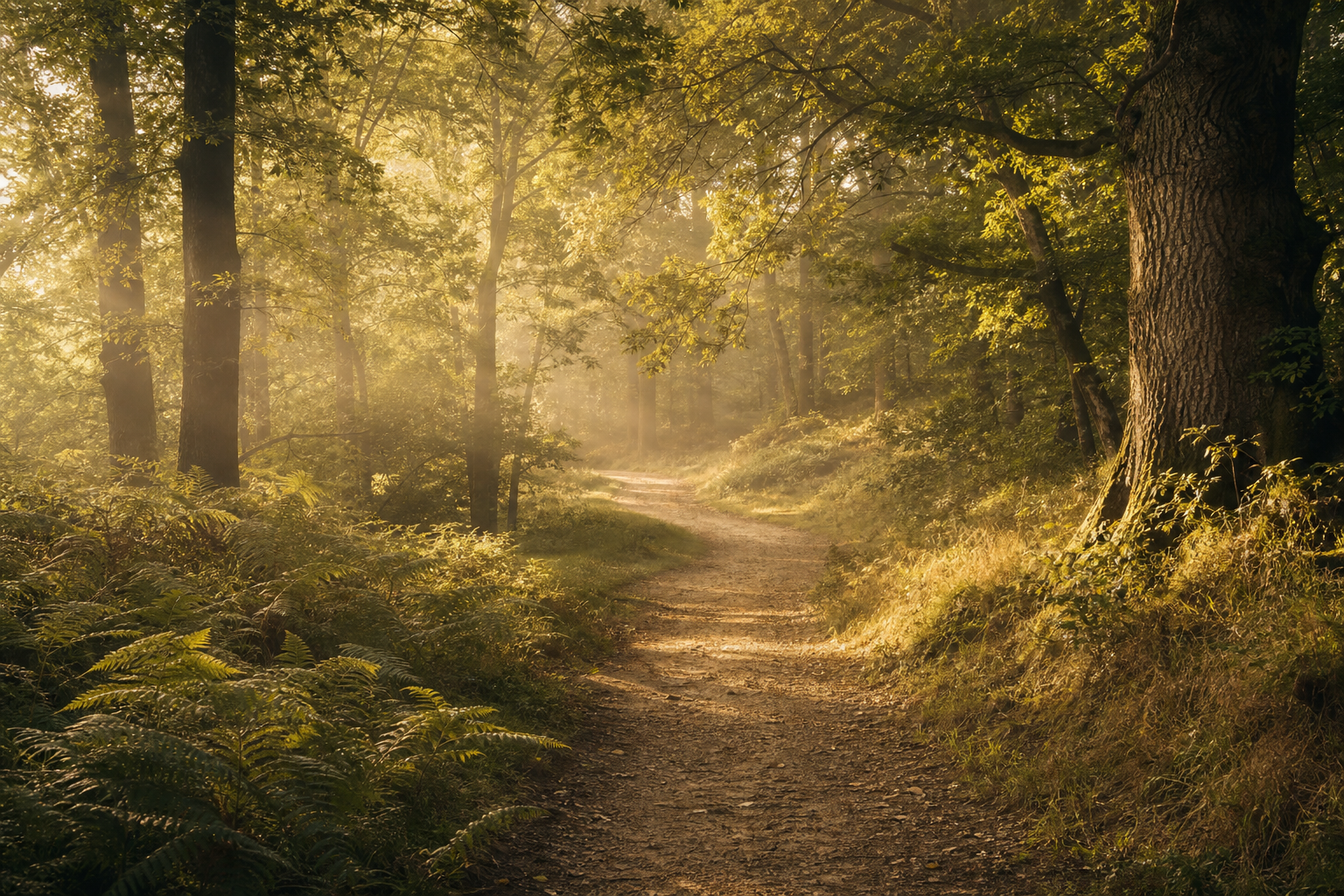 A sunlit woodland path representing considered progress